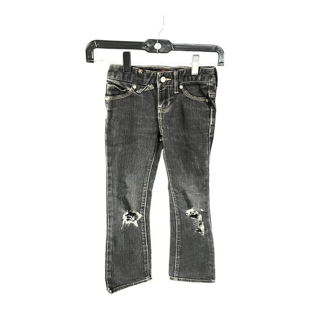 Old Navy Girls Black Boot Cut Denim Jeans Size 6 Adjustable Waist Distressed